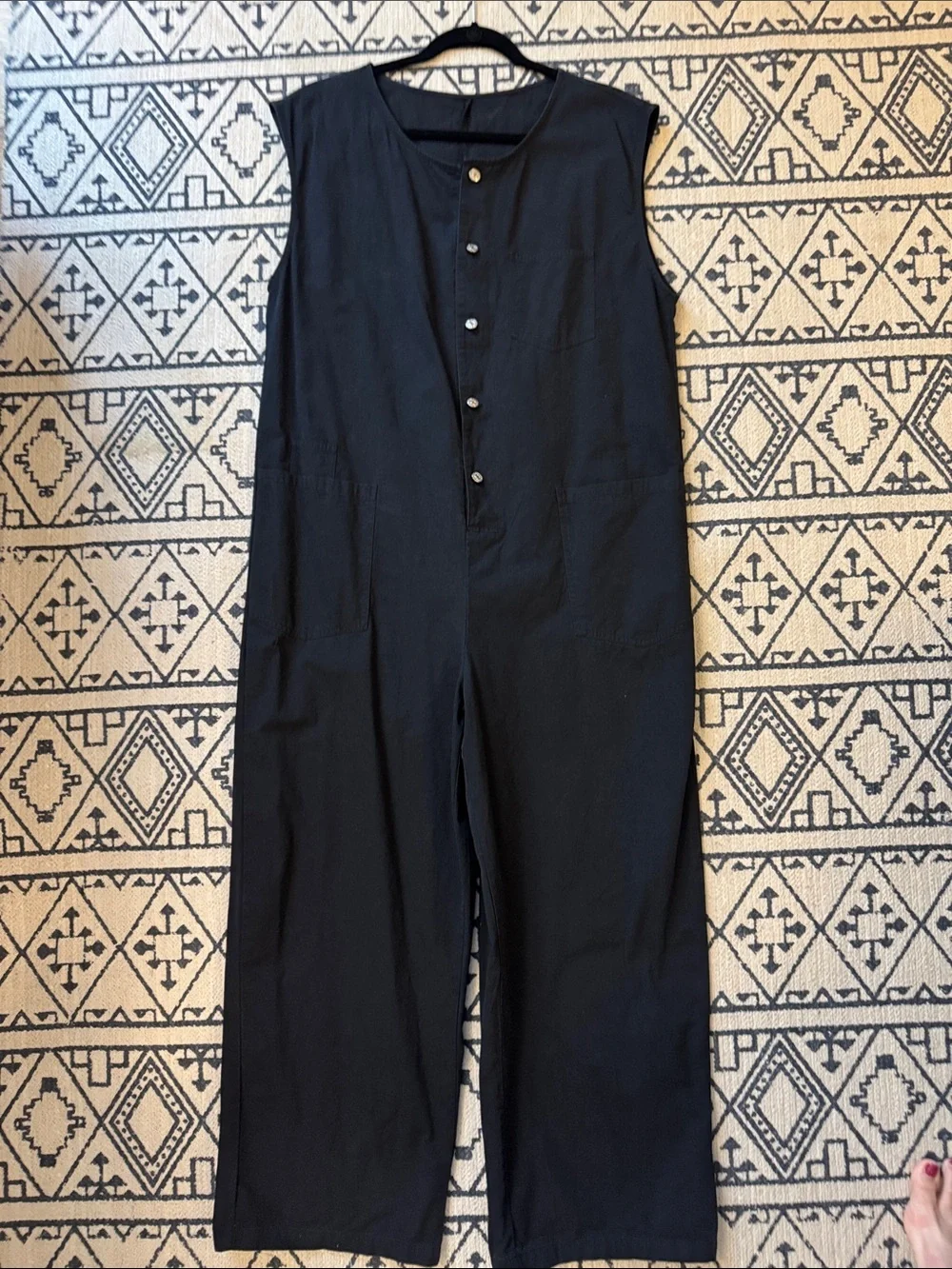 Sleeveless Black Jumpsuit with Front Buttons and utility pockets - Picture 1 of 12